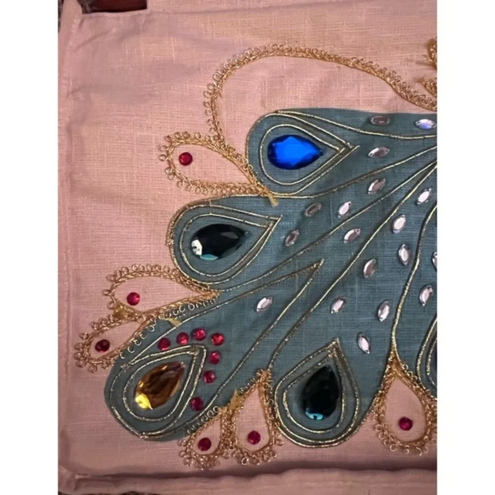 Vintage‎ Linen Peacock Wooden Handle Handbag W/Rhinestones 10"x13x3" - Picture 2 of 13